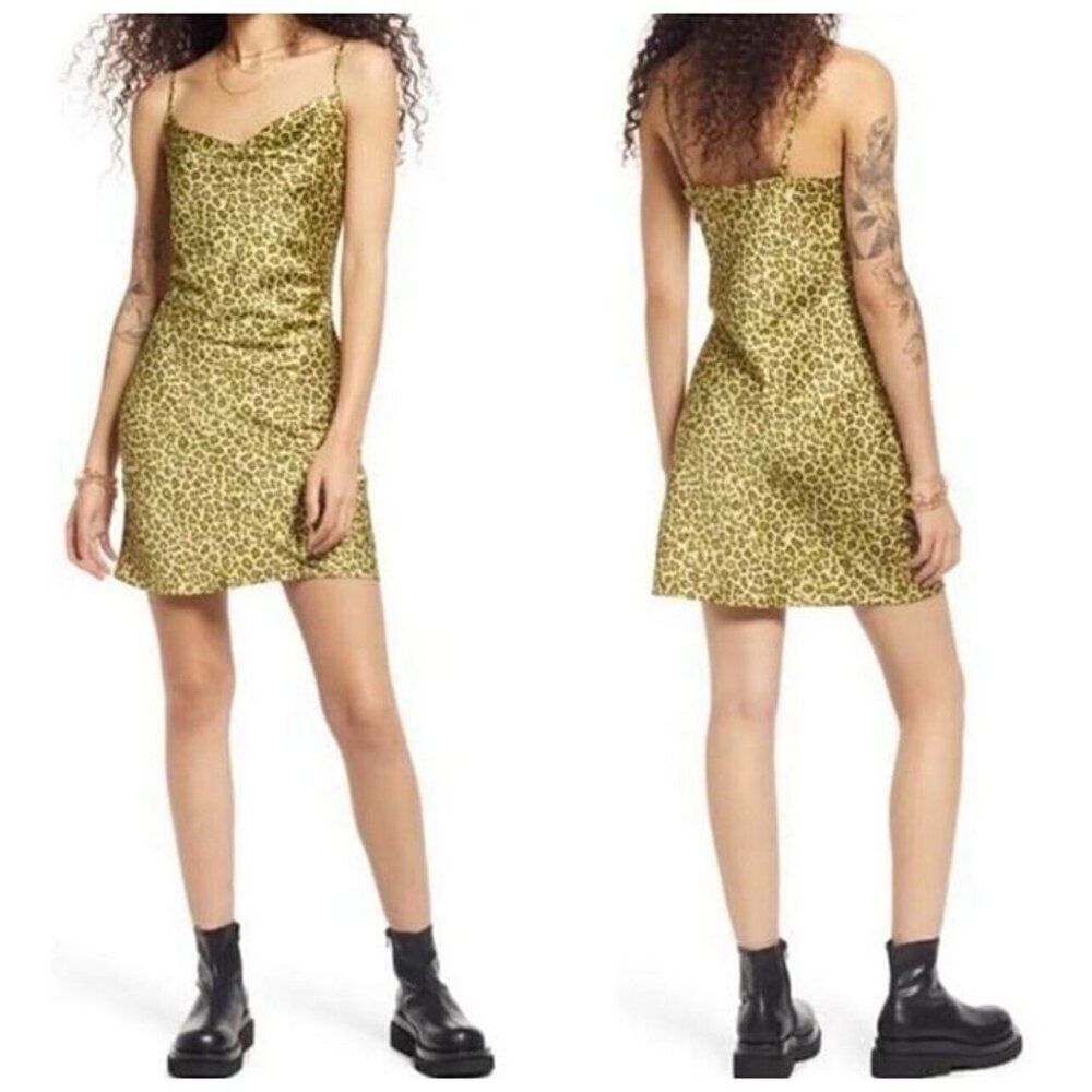 BP Green Animal Print Satin Slip Mini Dress Cowl Neck Spaghetti Straps Small